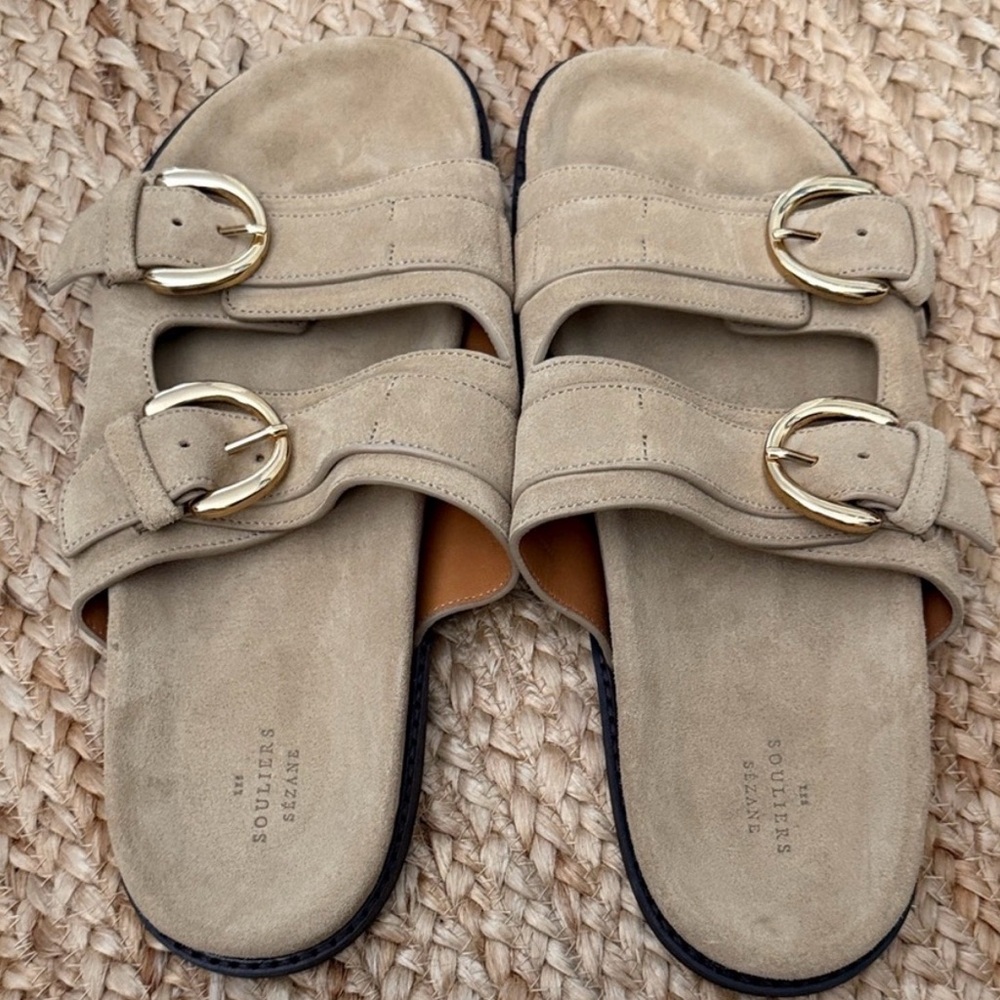 Sezane Beige Suede Double-Buckle Slide Sandals